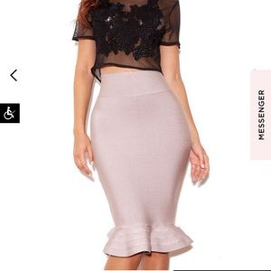 TAUPE BANDAGE PENCIL SKIRT WITH FLUTED HEM